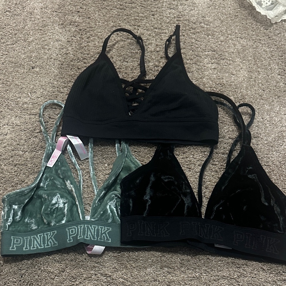PINK Victoria's Secret Velvet Bralette Trio - Black and Green